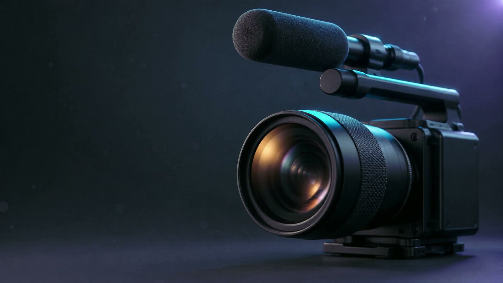 A cinema camera rig lit in the dark